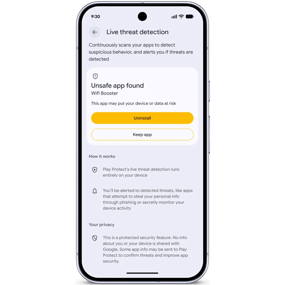 Официальный экран Android Live Threat Detection с предупреждением о небезопасном приложении