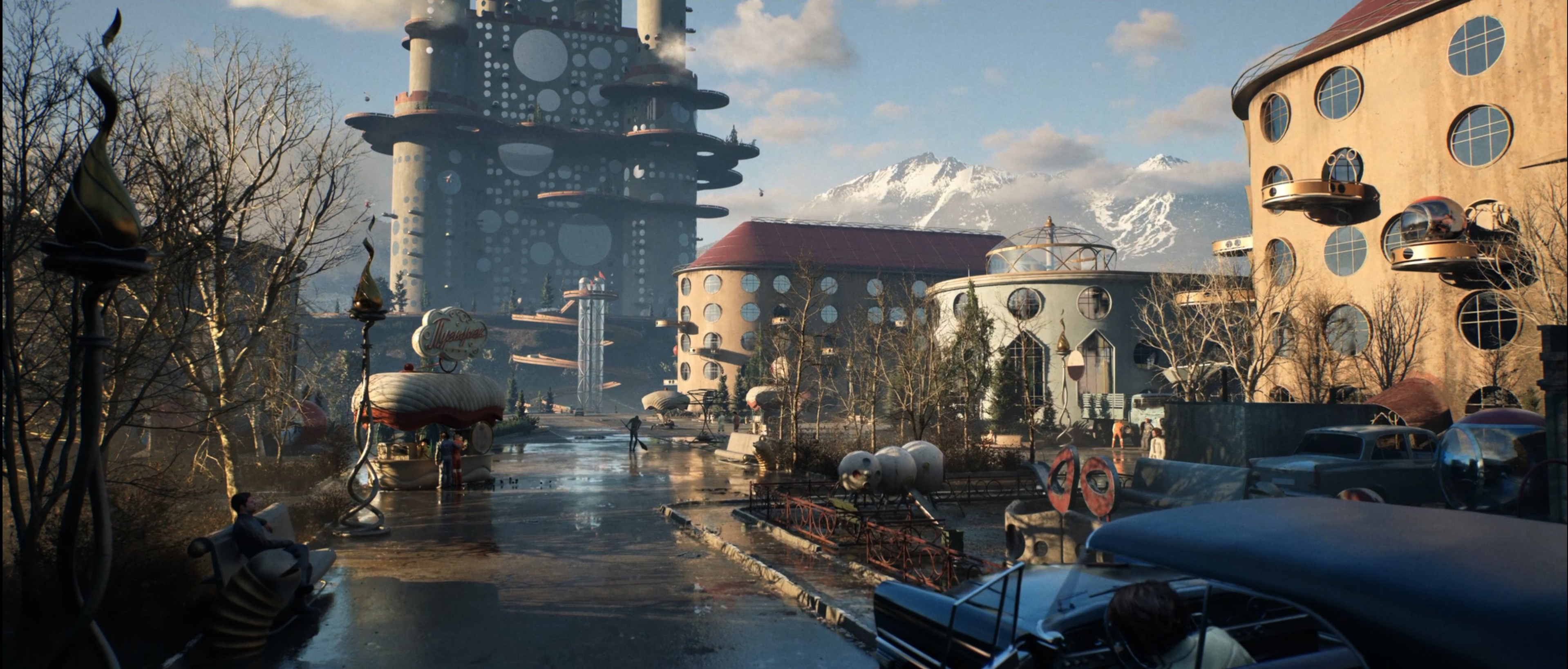 Официальный скриншот Atomic Heart 2 с городом в ретрофутуристическом стиле
