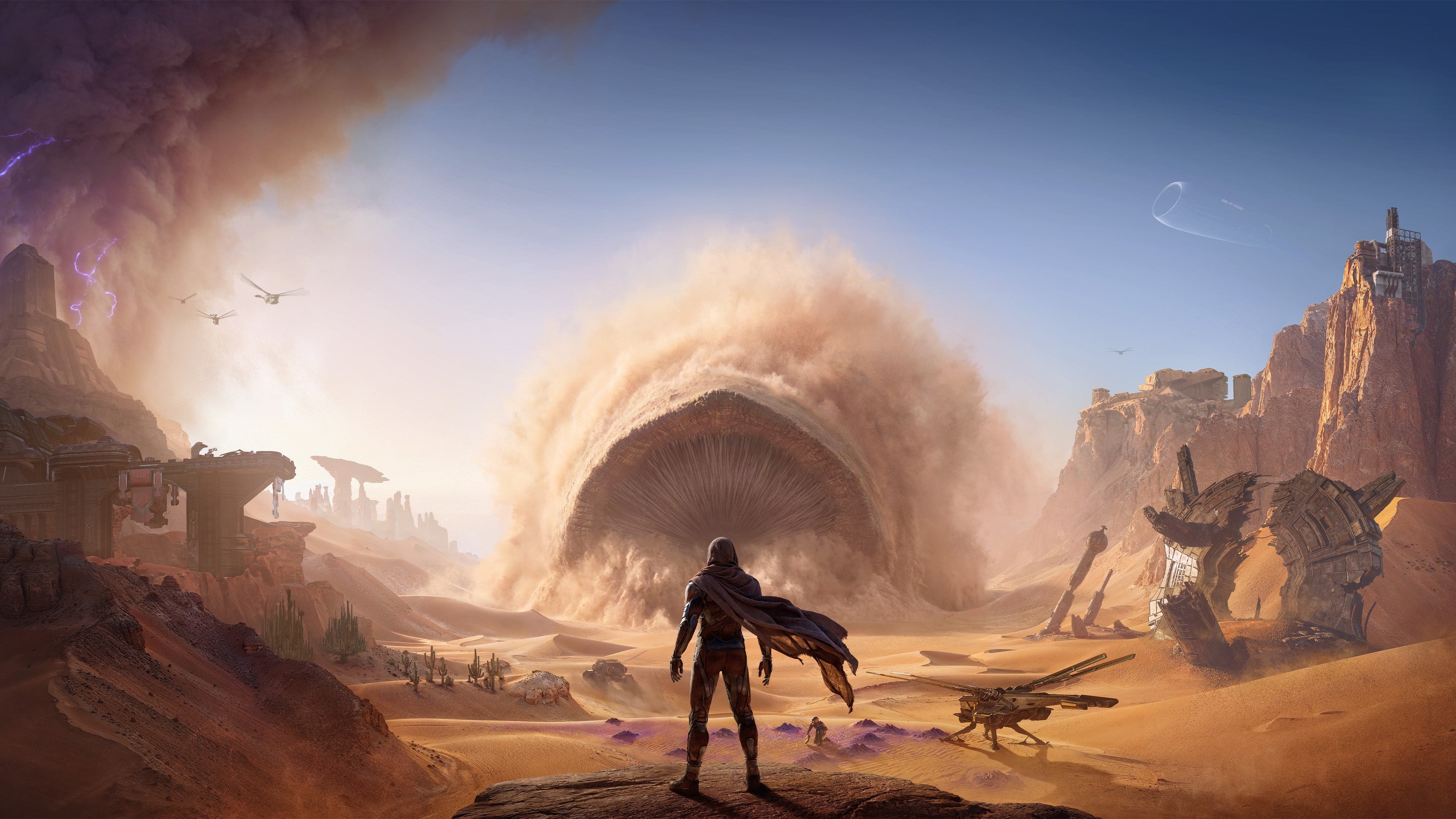 Официальный арт Dune: Awakening с персонажем перед песчаным червем на Арракисе