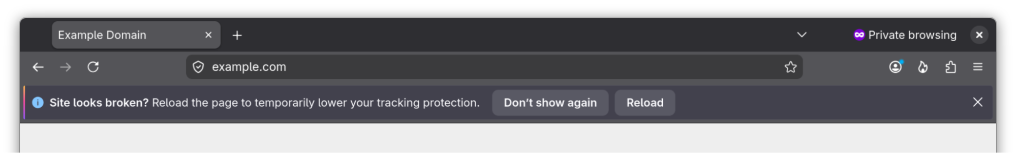 Подсказка Firefox о повторной загрузке сломанного сайта в Private Browsing