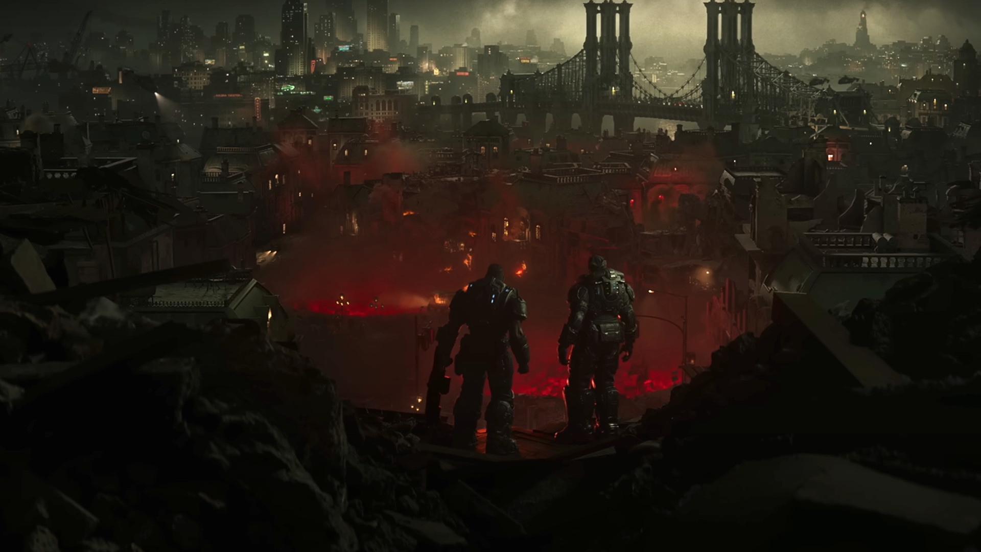 Официальный кадр Gears of War: E-Day с видом на разрушенный город Kalona