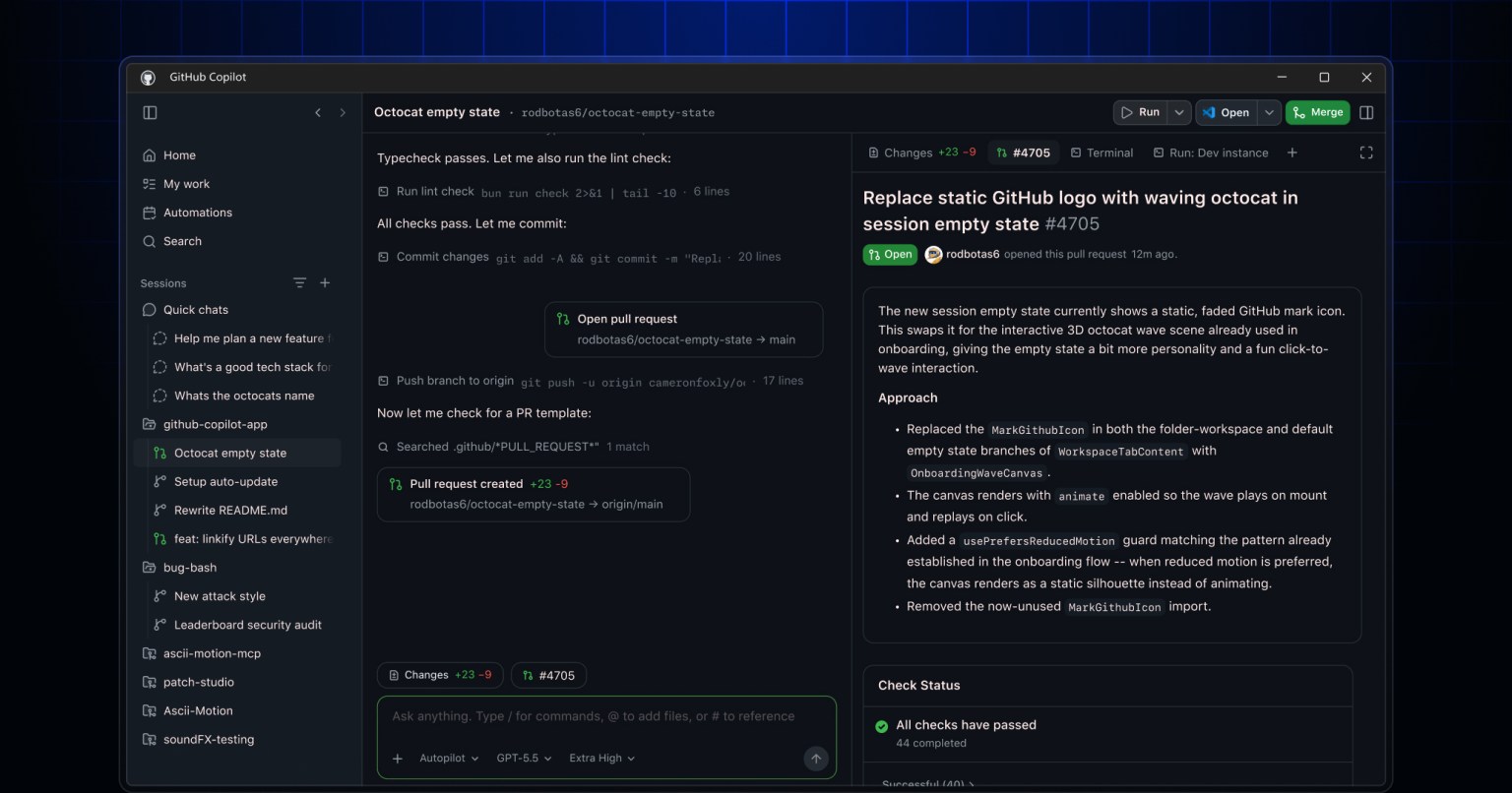 Официальный визуал GitHub Copilot app с агентной рабочей сессией