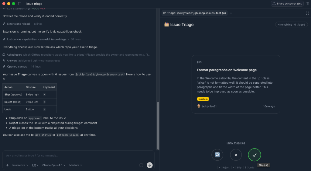 Интерфейс GitHub Copilot Canvas для визуального разбора задач репозитория