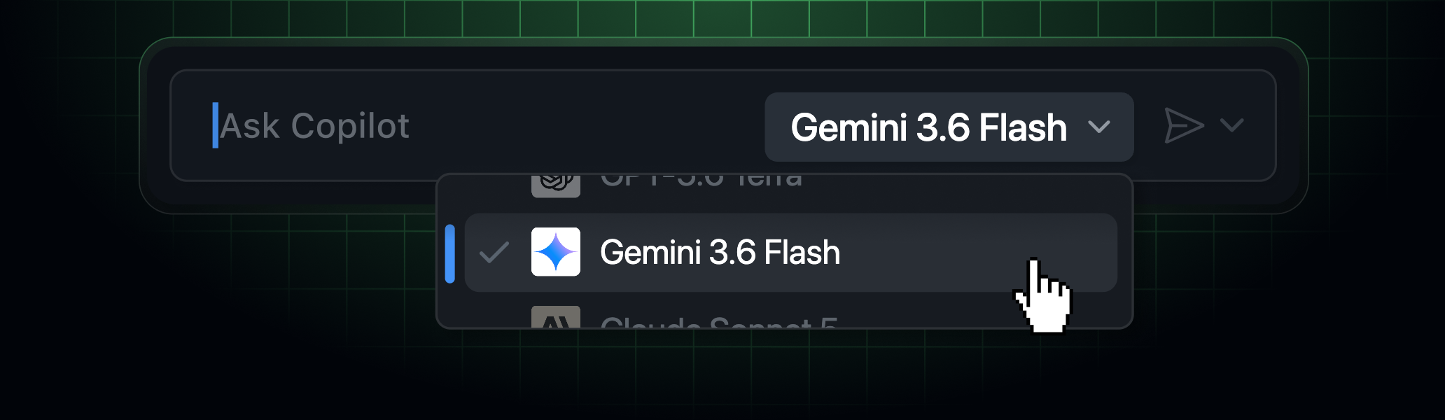 Gemini 3.6 Flash выбрана в меню моделей GitHub Copilot