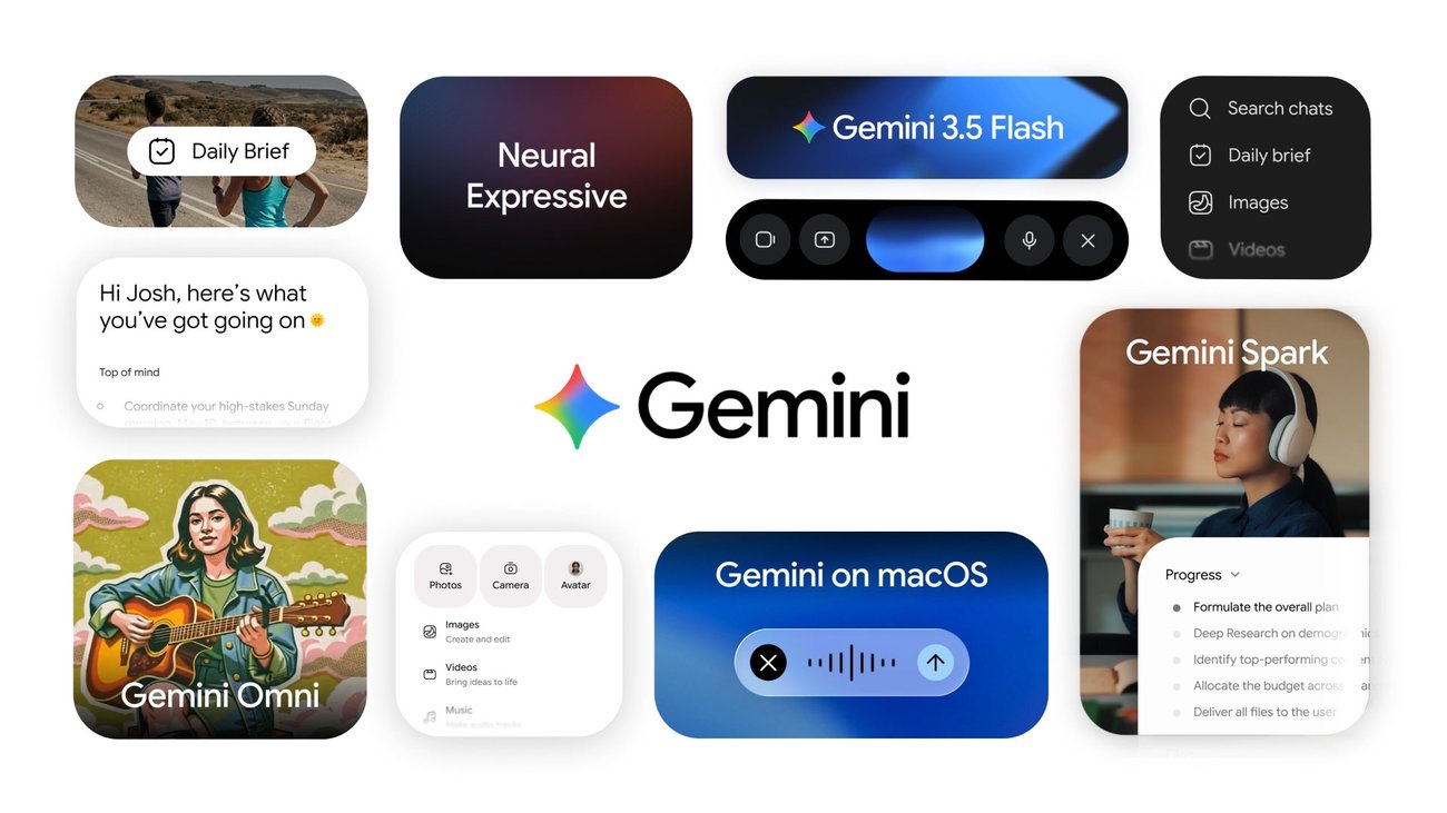 Официальный визуал Google Gemini app с интерфейсными плитками и логотипом Gemini
