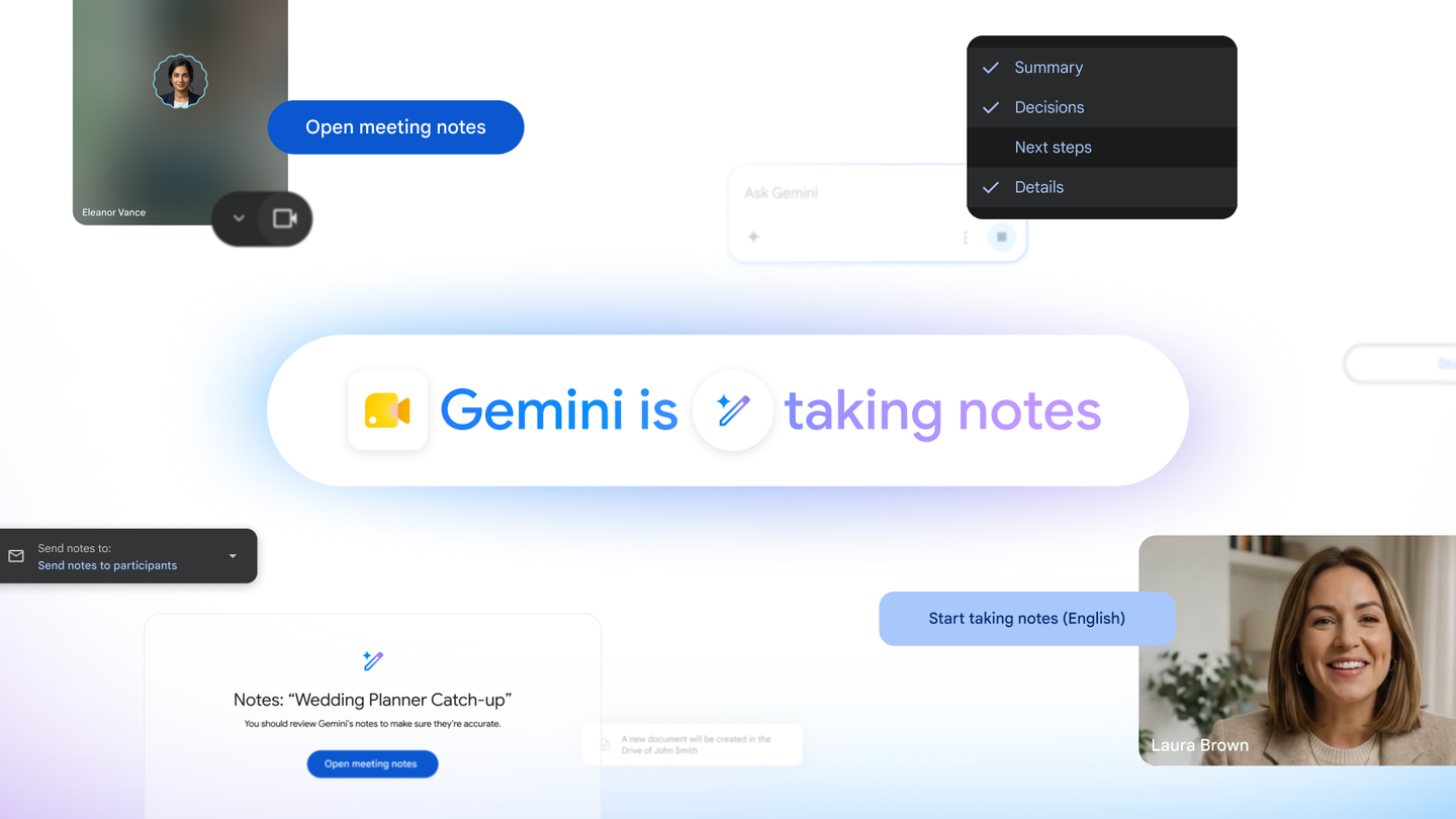 Официальный визуал Google Meet с функцией автоматических заметок от Gemini