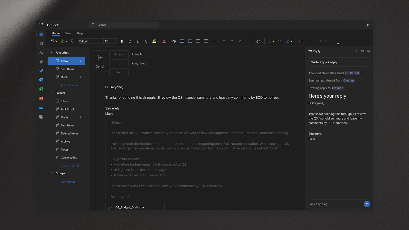 Официальный интерфейс Grok в Outlook при подготовке ответа на письмо
