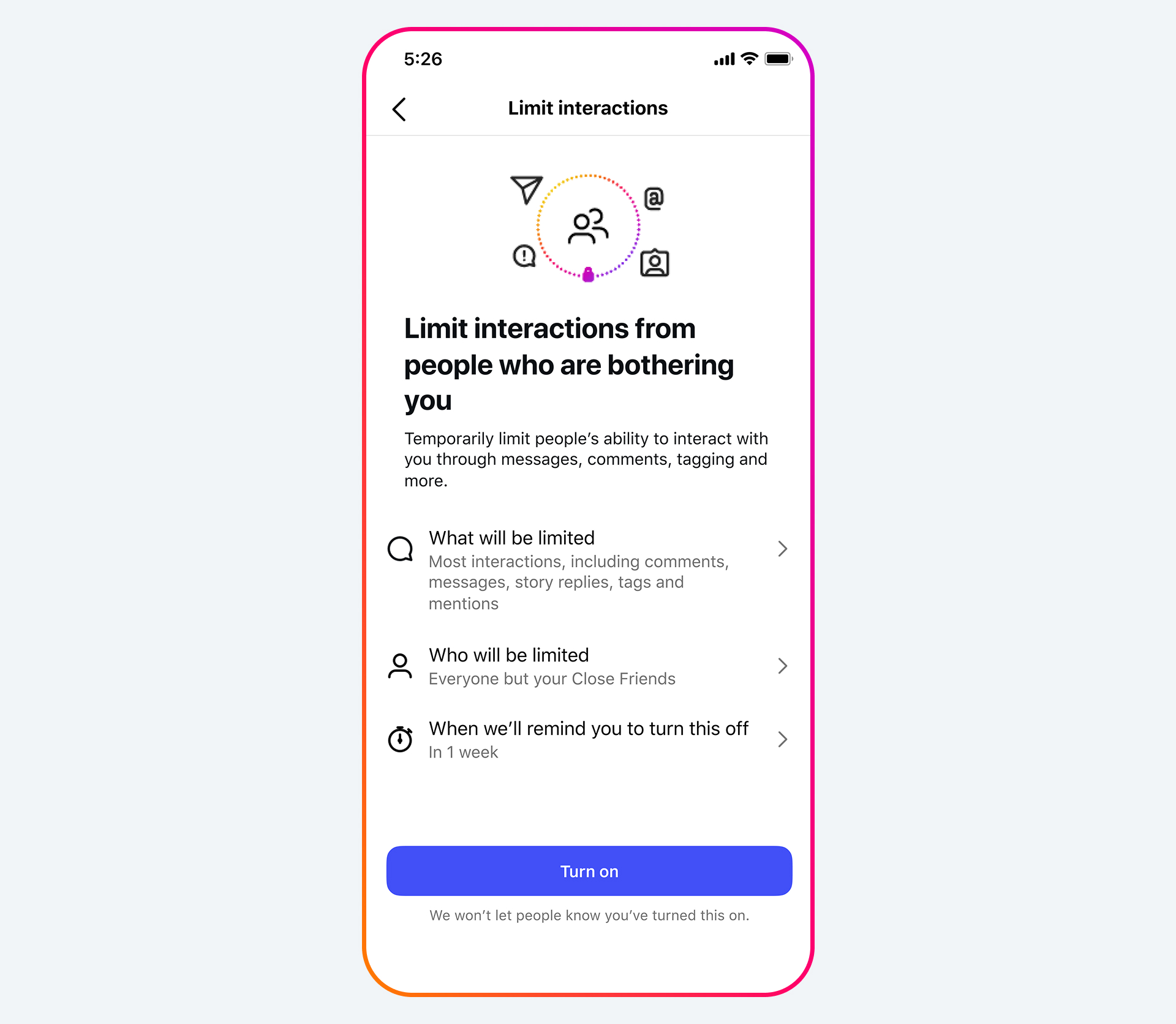 Официальный визуал Meta с инструментом Limit Interactions в Instagram