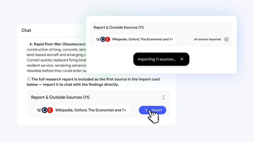 Официальный визуал NotebookLM с импортом внешних источников в проект исследования