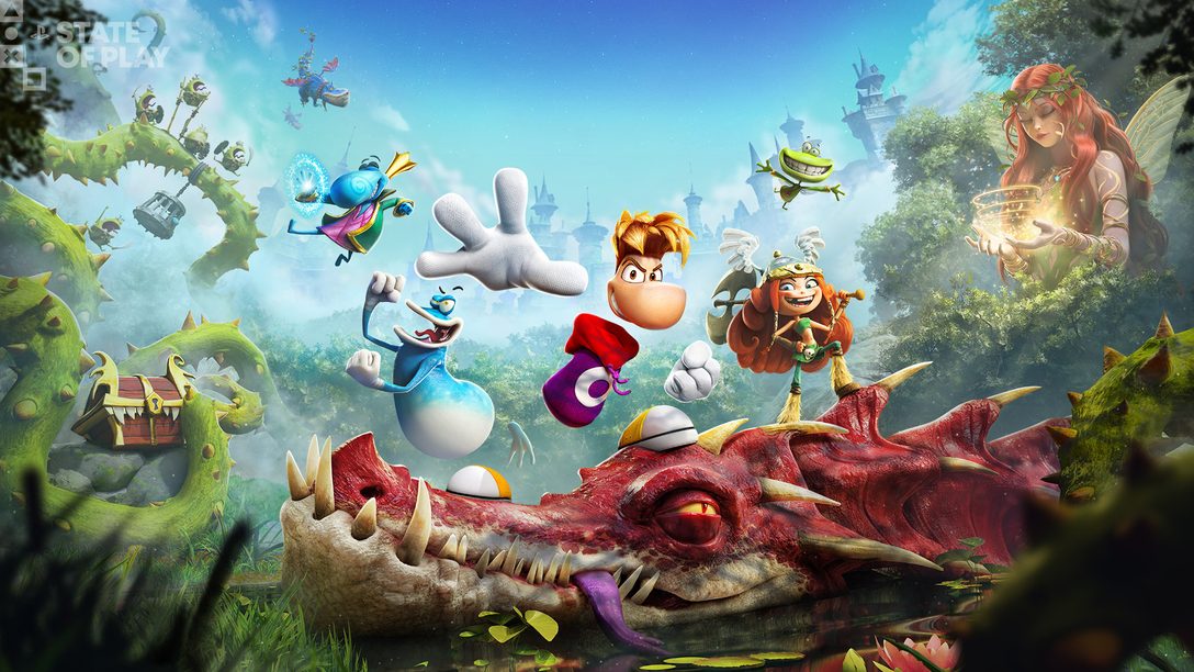 Официальный кадр Rayman Legends Retold с Рэйманом и персонажами на драконе