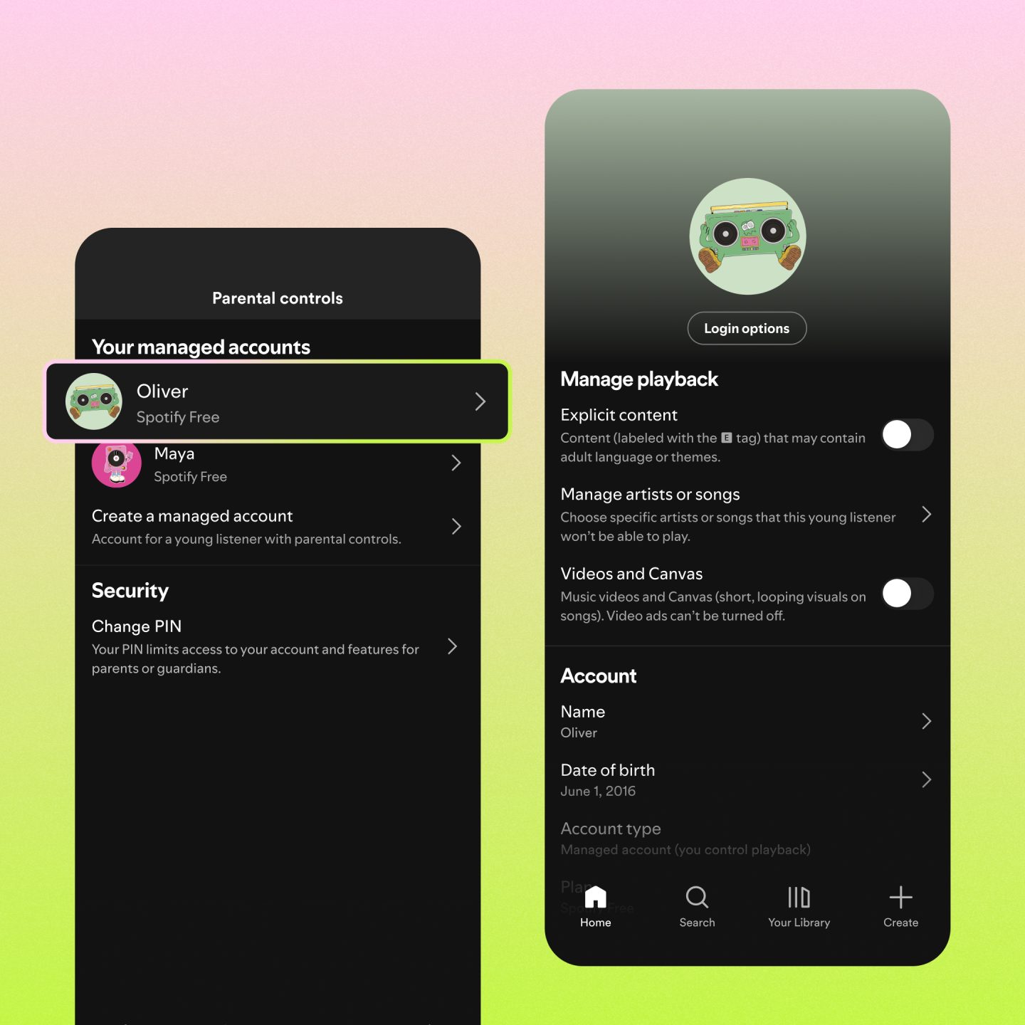 Официальный визуал Spotify Managed Accounts в мобильном приложении