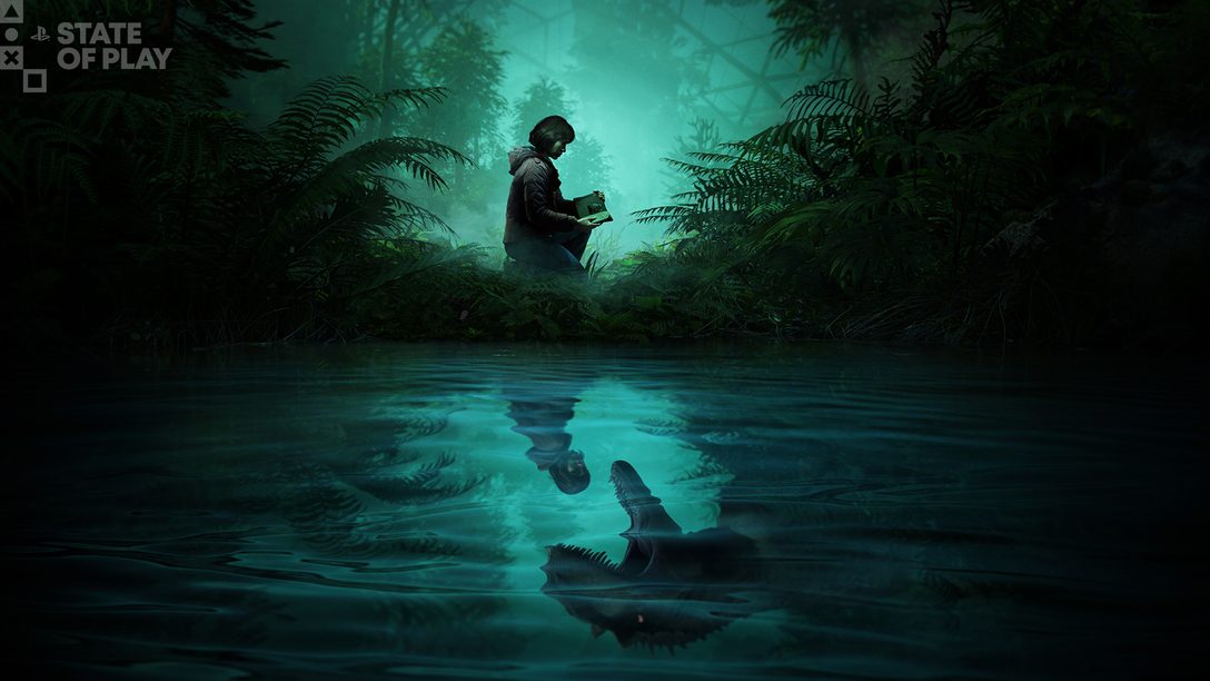 Официальный кадр The Lost Wild с героиней у воды и силуэтом динозавра