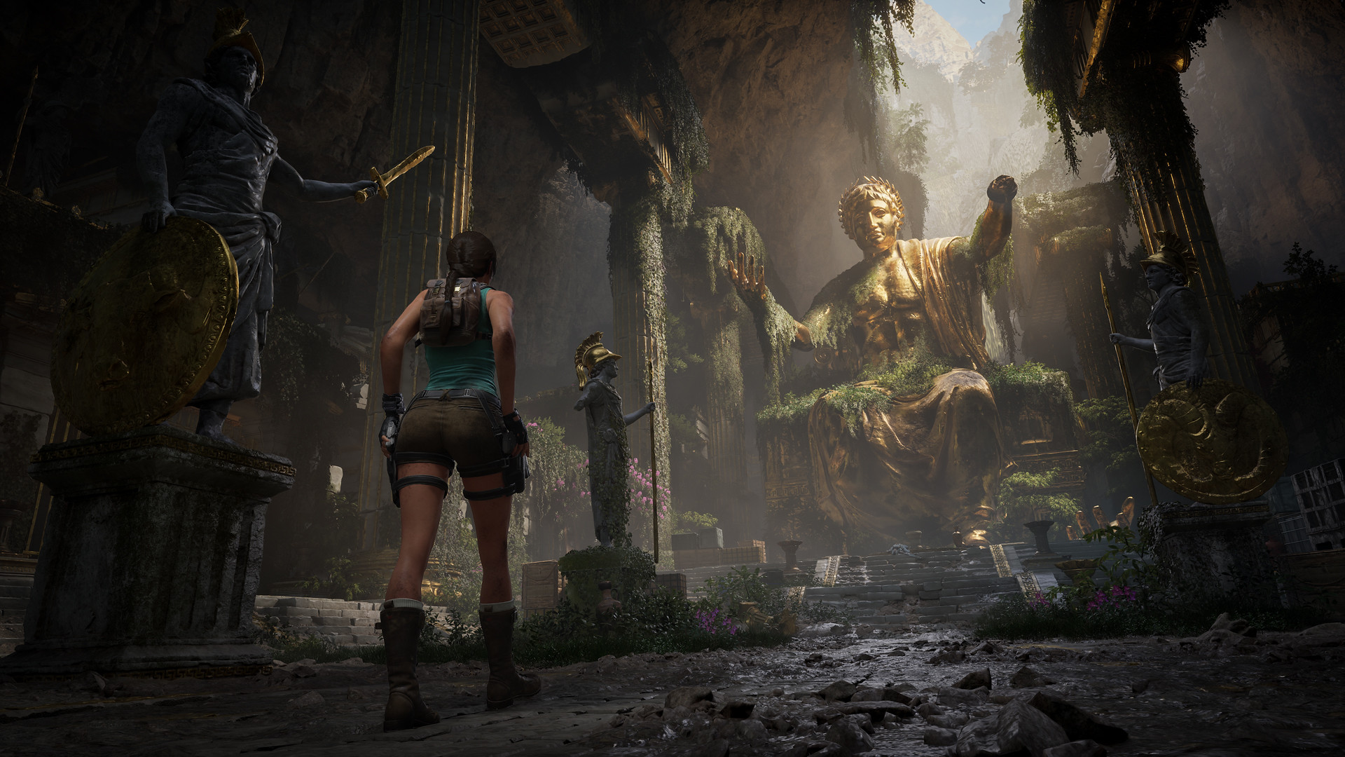 Официальный кадр Tomb Raider: Legacy of Atlantis с Ларой Крофт у большой статуи